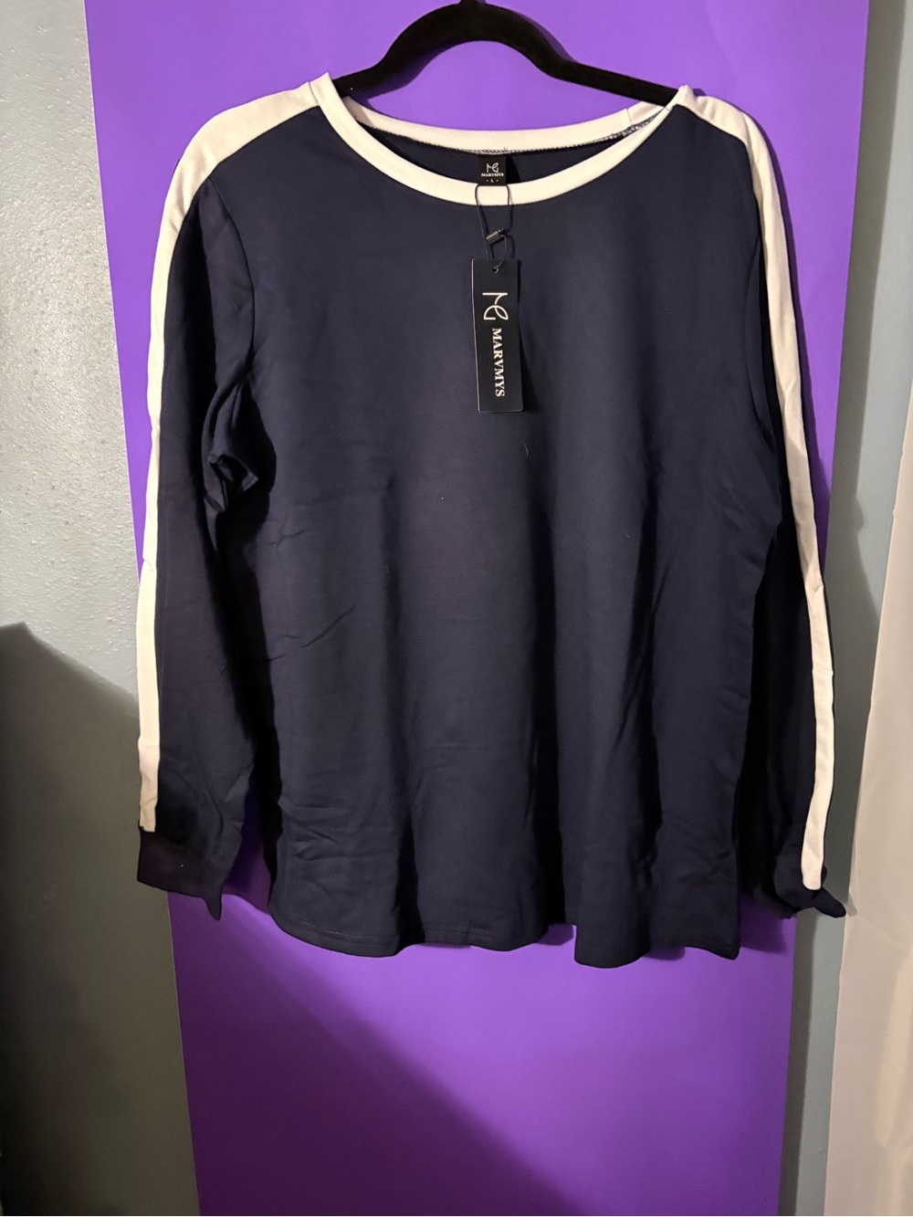 Navy and White Track-Style Long Sleeve Top with pull on matching pants